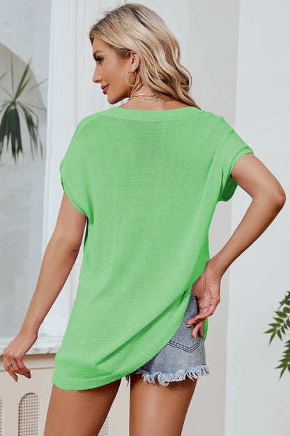 Color Block V-Neck Short Sleeve Knit Top.