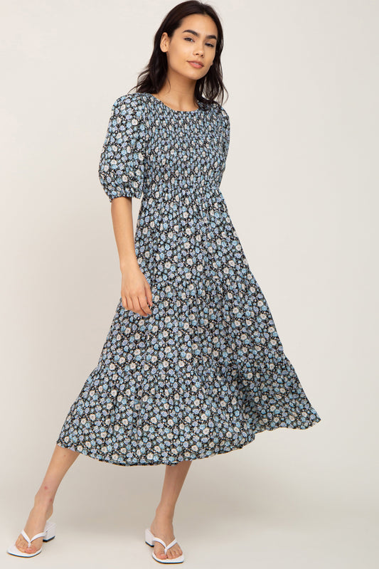 Black Floral Smocked Tiered Midi Dress PinkBlush
