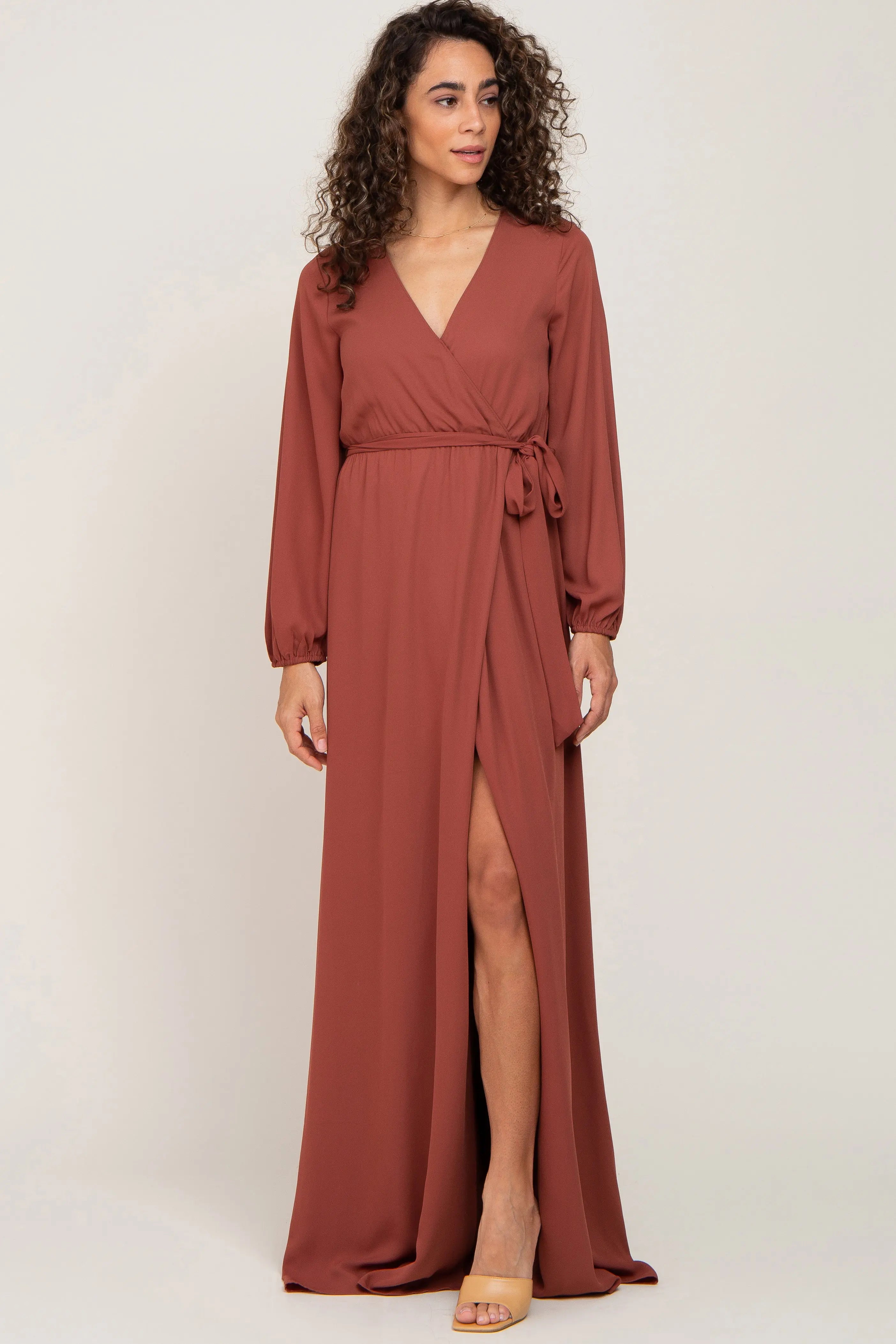 Rust Wrap Front Chiffon Maxi Gown With Self Tie Waist Elegant PinkBlush