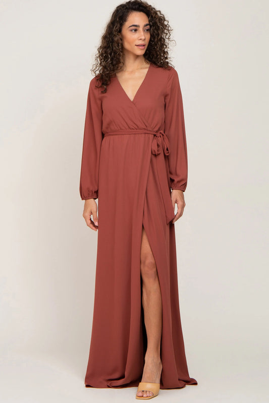 Rust Wrap Front Chiffon Maxi Gown With Self Tie Waist Elegant PinkBlush