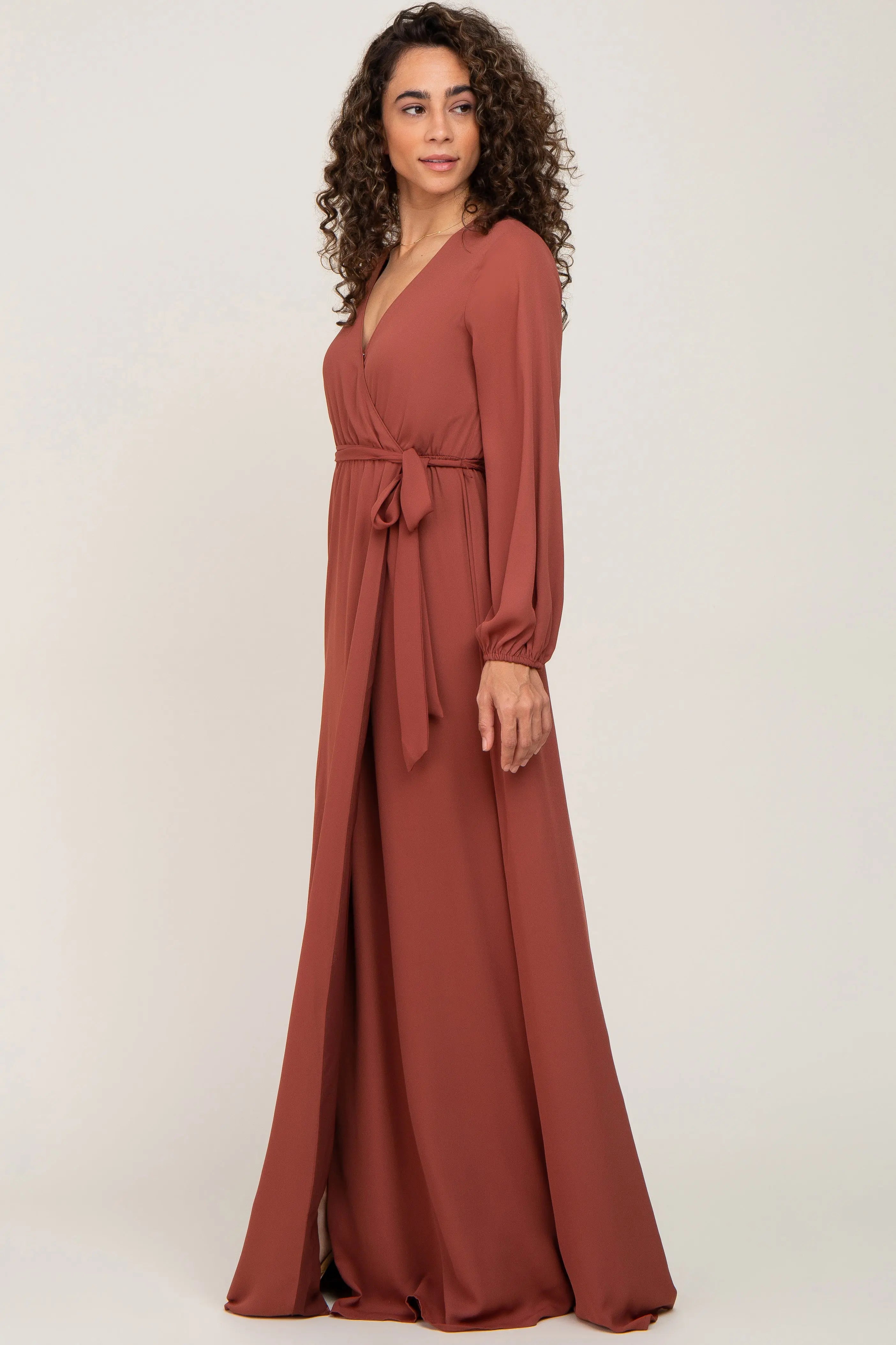 Rust Wrap Front Chiffon Maxi Gown With Self Tie Waist Elegant PinkBlush