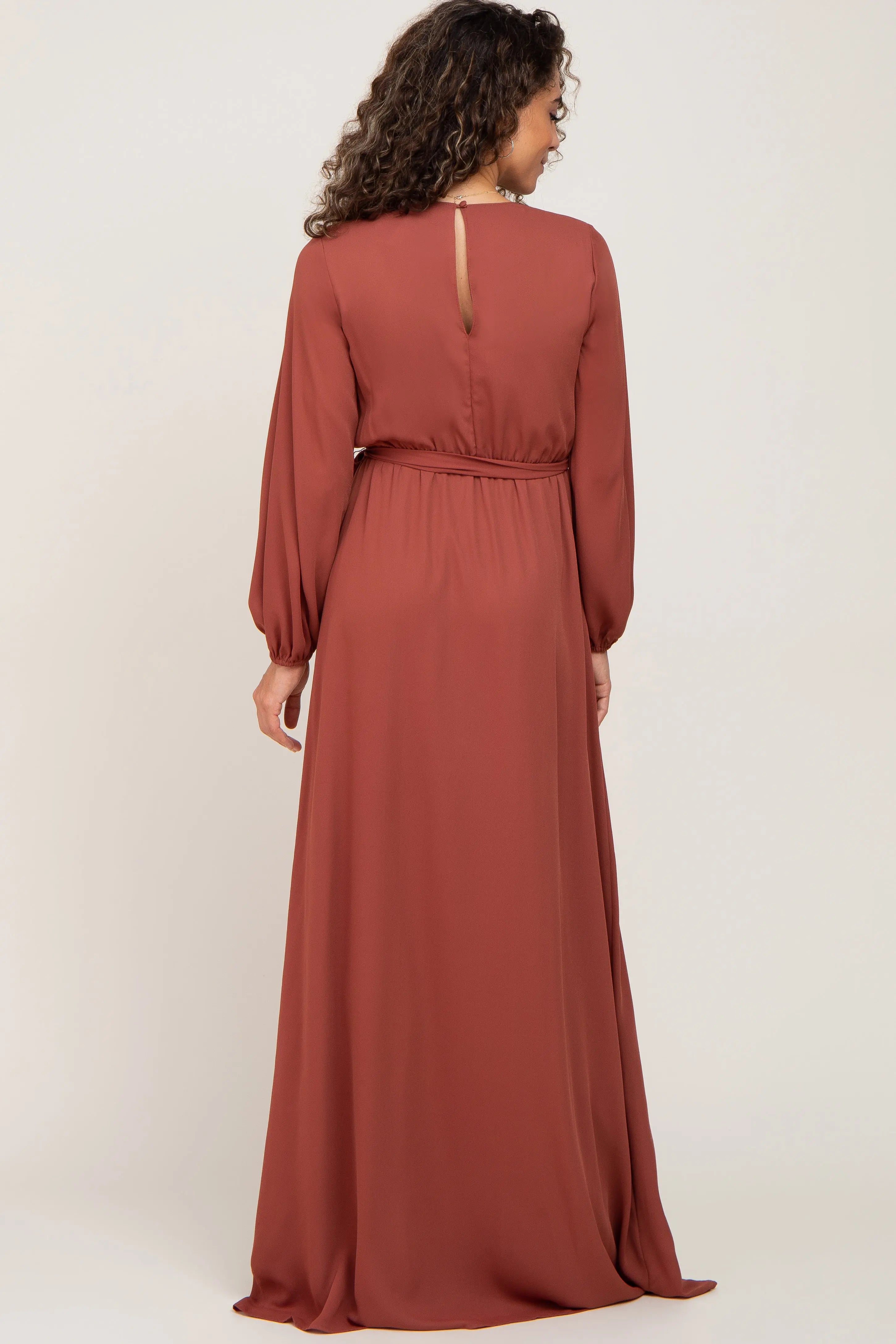 Rust Wrap Front Chiffon Maxi Gown With Self Tie Waist Elegant PinkBlush