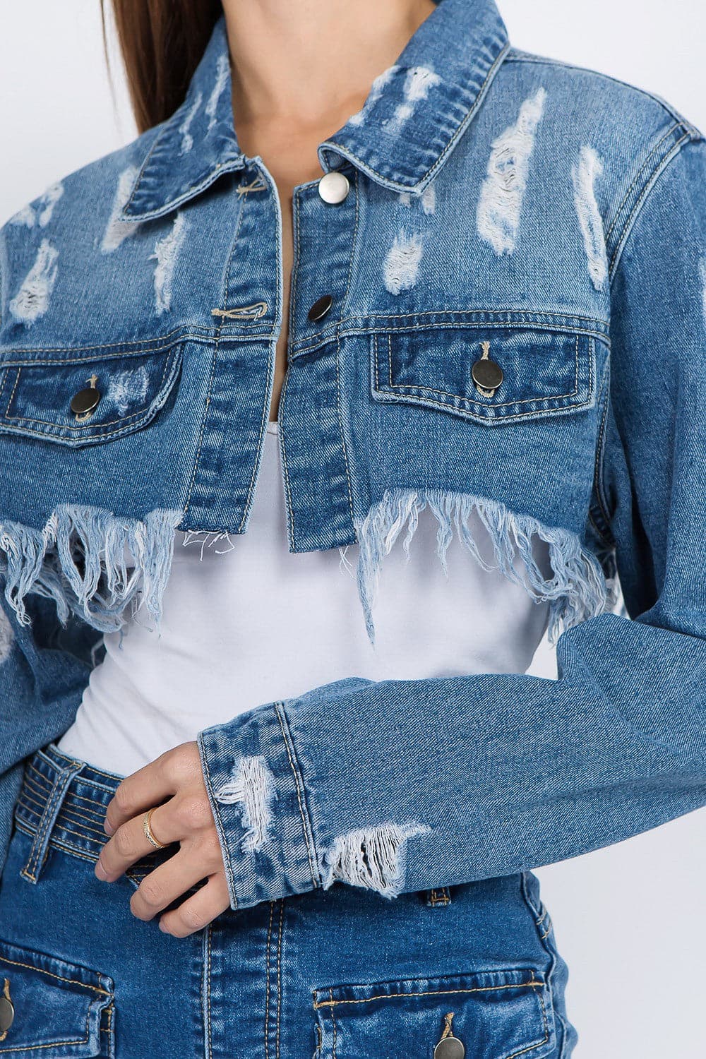 Chic cropped distressed denim jacket