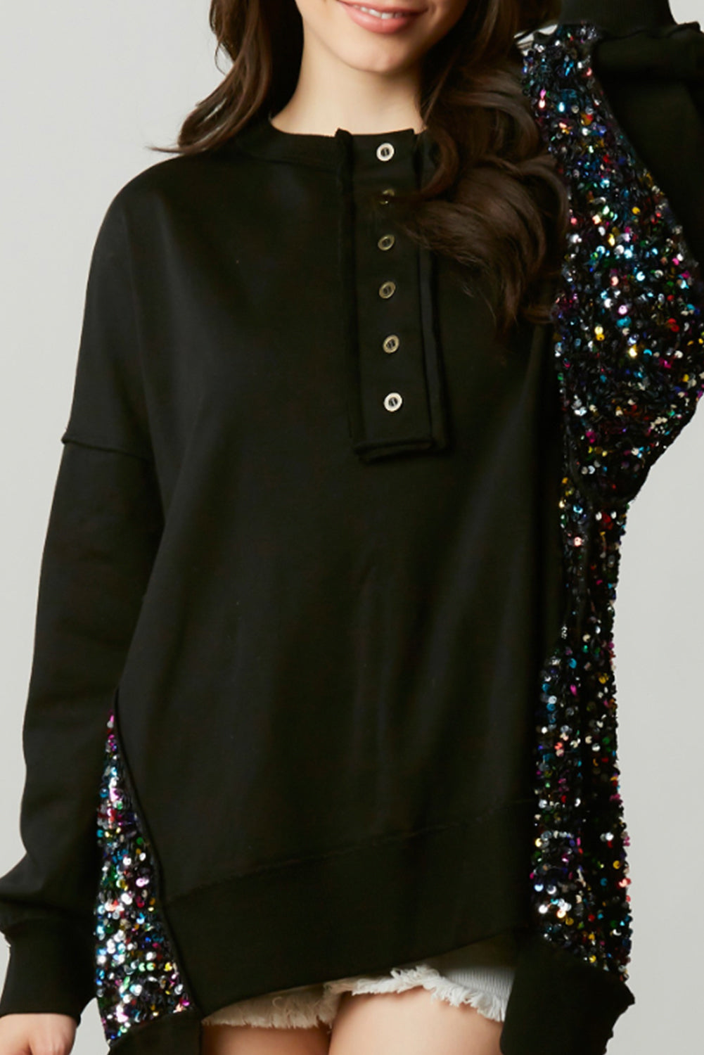 Black Sequin Patchwork High Low Hem Henley Sweatshirt