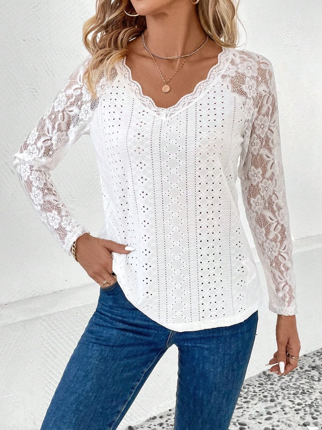 Lace v-neck sheer top - sizes S-2XL