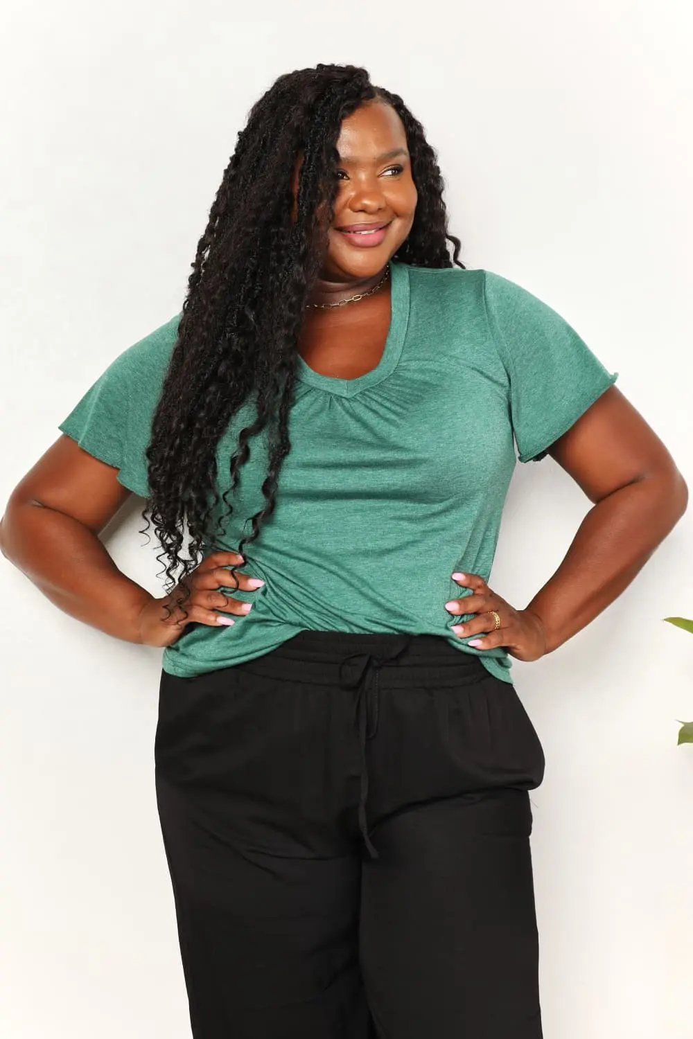 Double Take Ruched V-Neck Short Sleeve T-Shirt - Love Salve