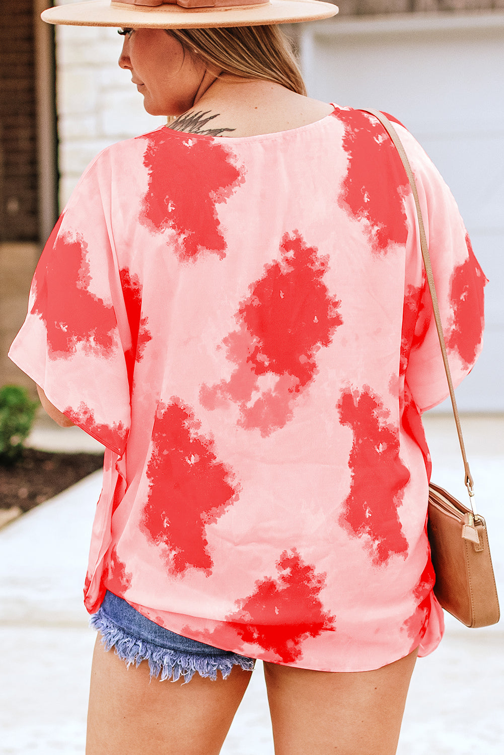 Vibrant red plus size tie-dye tunic with 3/4 sleeves