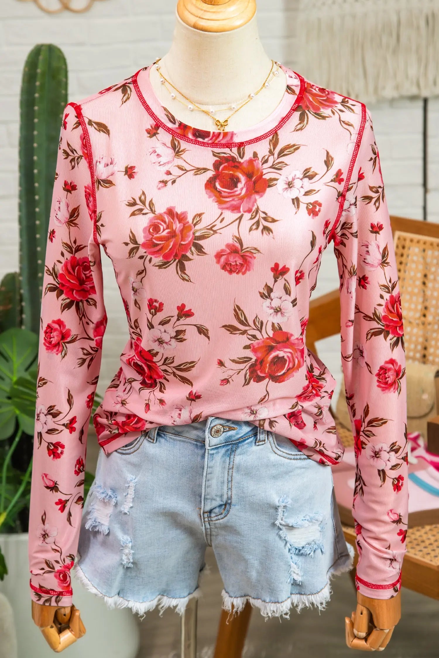 Pink Floral Print Mesh Long Sleeve Top With Exposed Seam Detail Dear-Lover Dropshipping