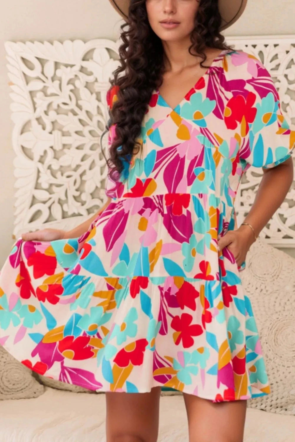 Floral Bubble Sleeve V Neck Tiered Ruffle Babydoll Dress Simply Love