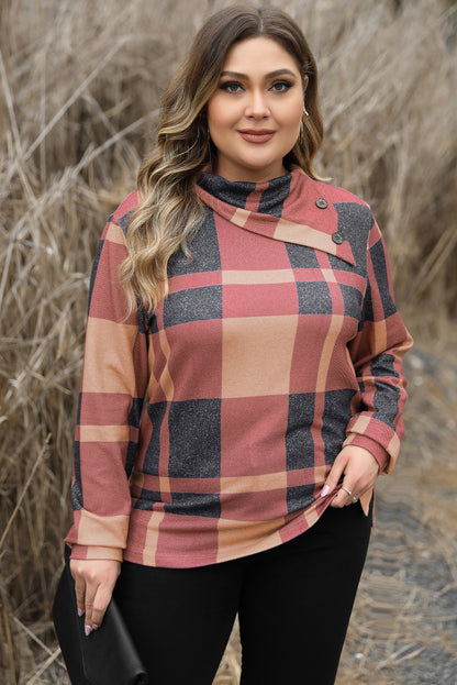 Mineral red plus size plaid top with asymmetric neckline and button details