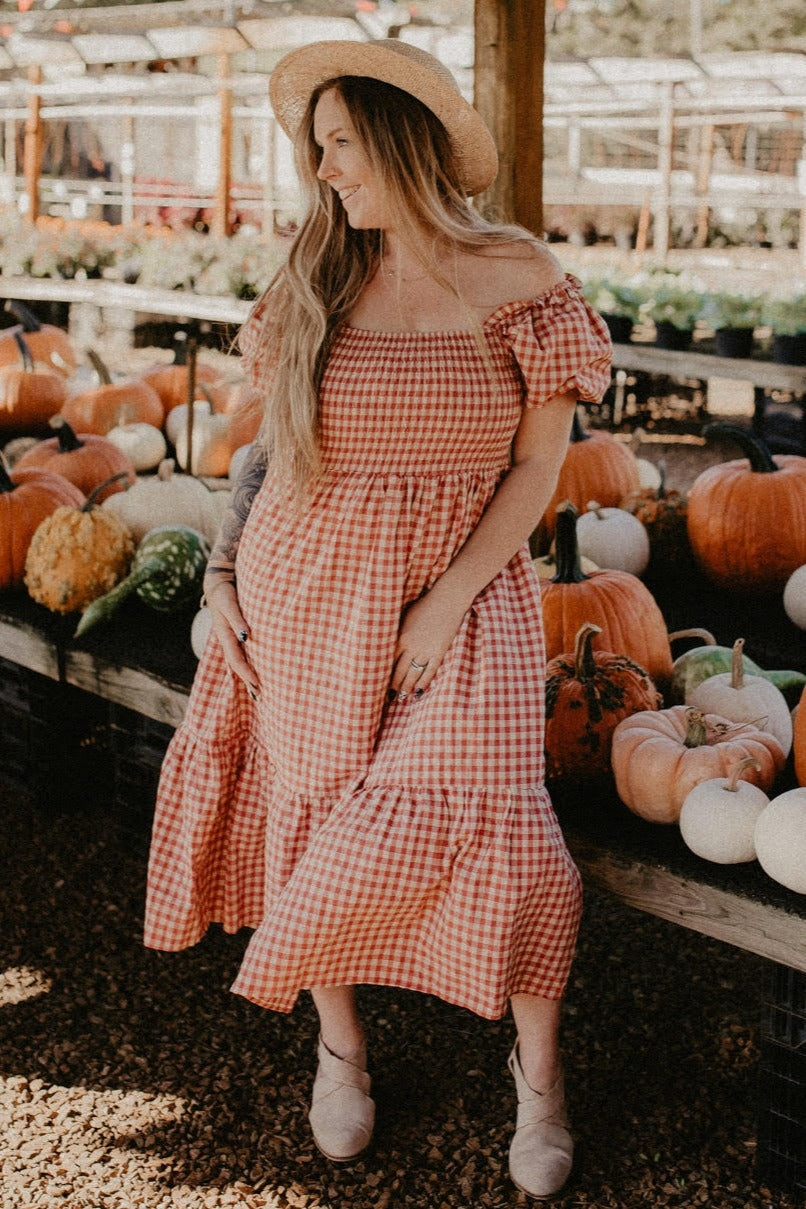 PinkBlush Rust Gingham Smocked Midi Dress - Side View