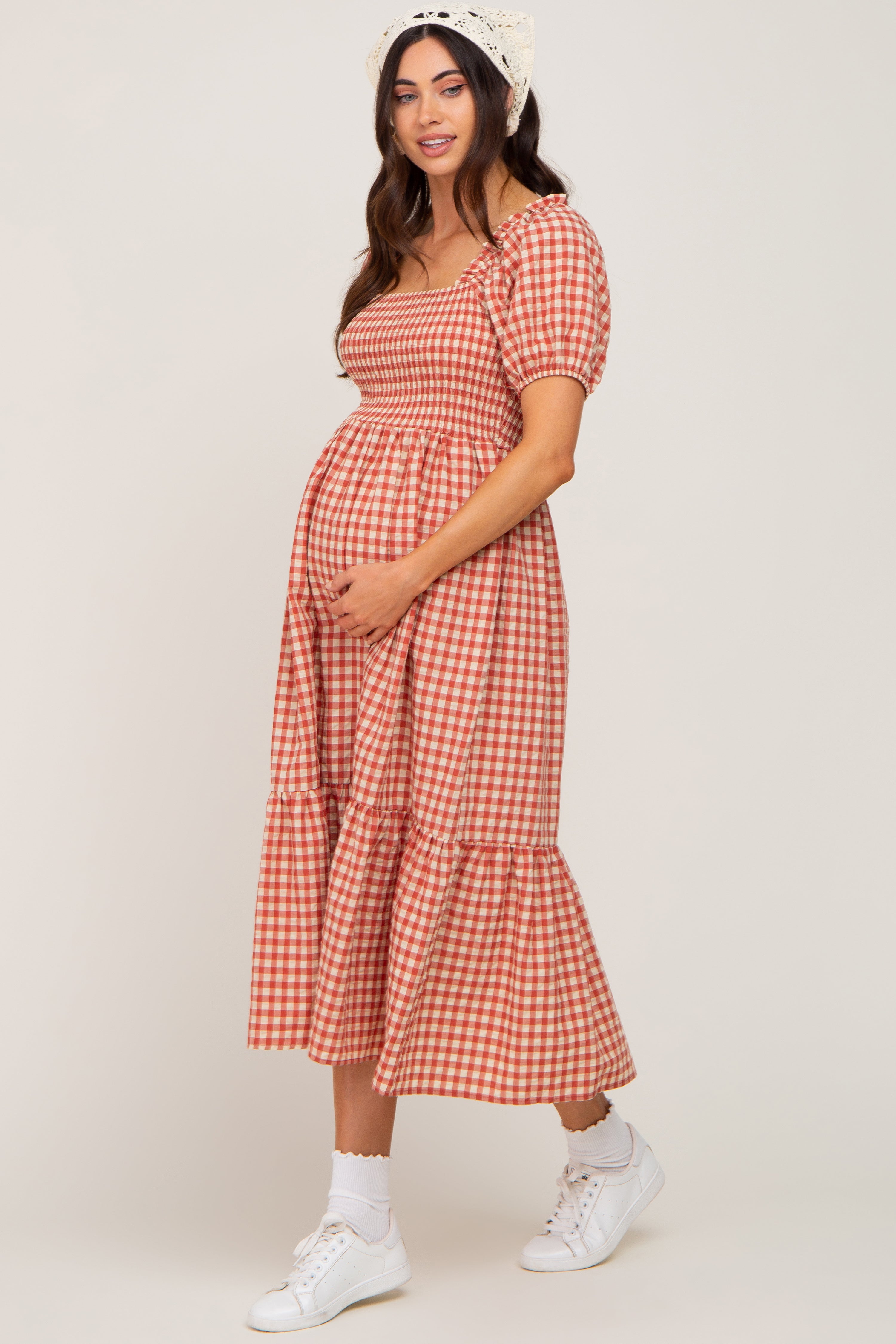 PinkBlush Rust Gingham Smocked Maternity Midi Dress - Alternate Angle