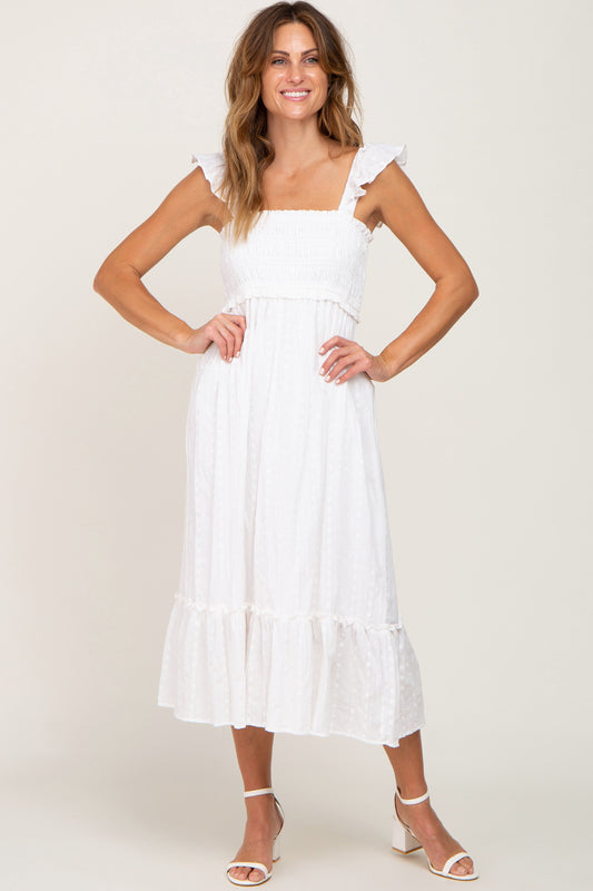 White Smocked Textured Midi Dress PinkBlush