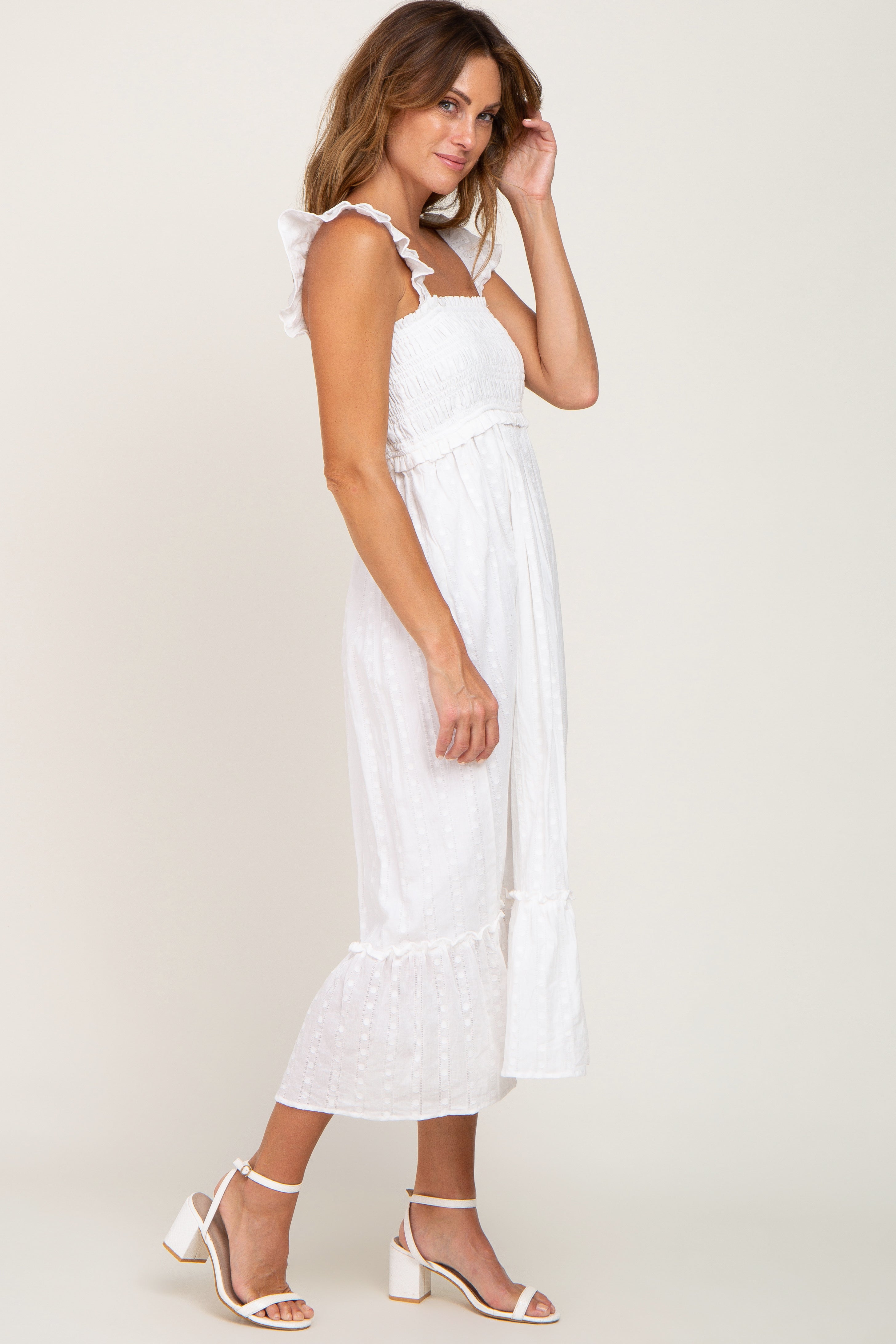 White Smocked Textured Midi Dress PinkBlush