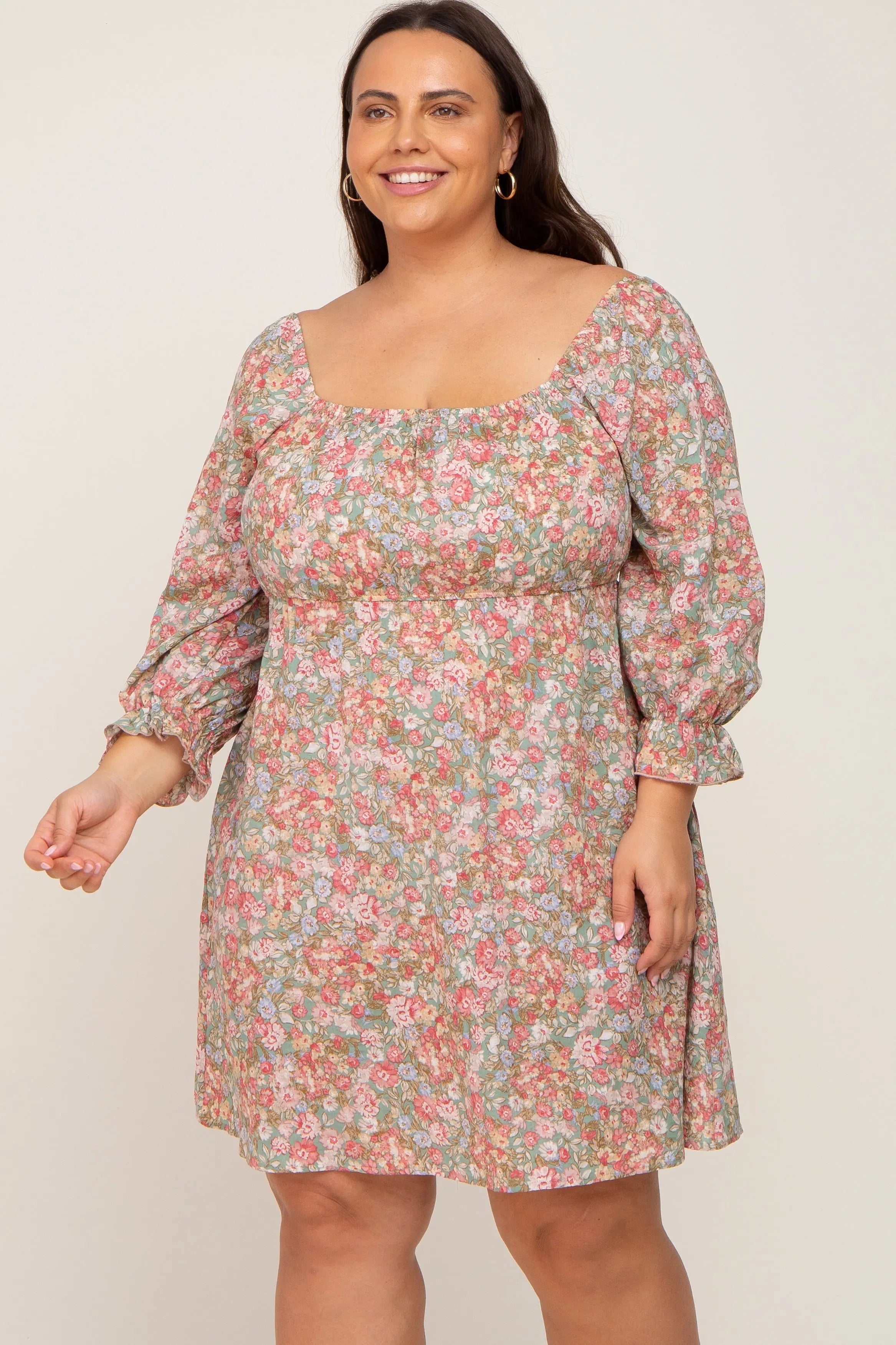 Light Olive Floral Maternity Plus Size Dress With Bubble Sleeves PinkBlush