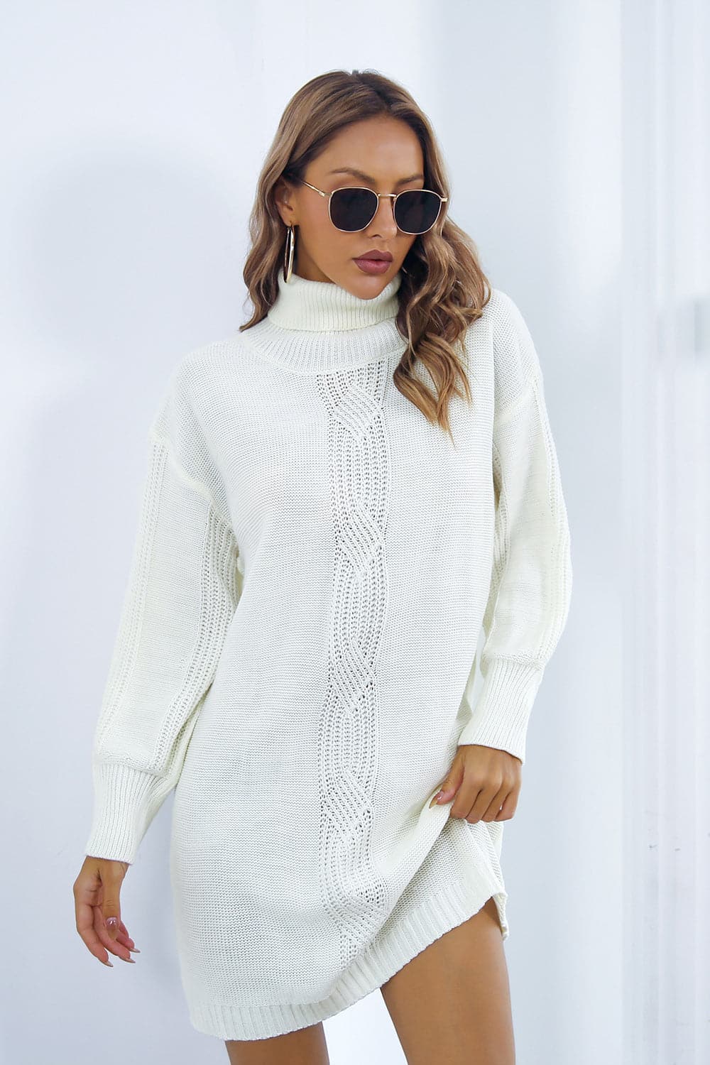 Openwork Turtleneck Long Sleeve Sweater Dress.