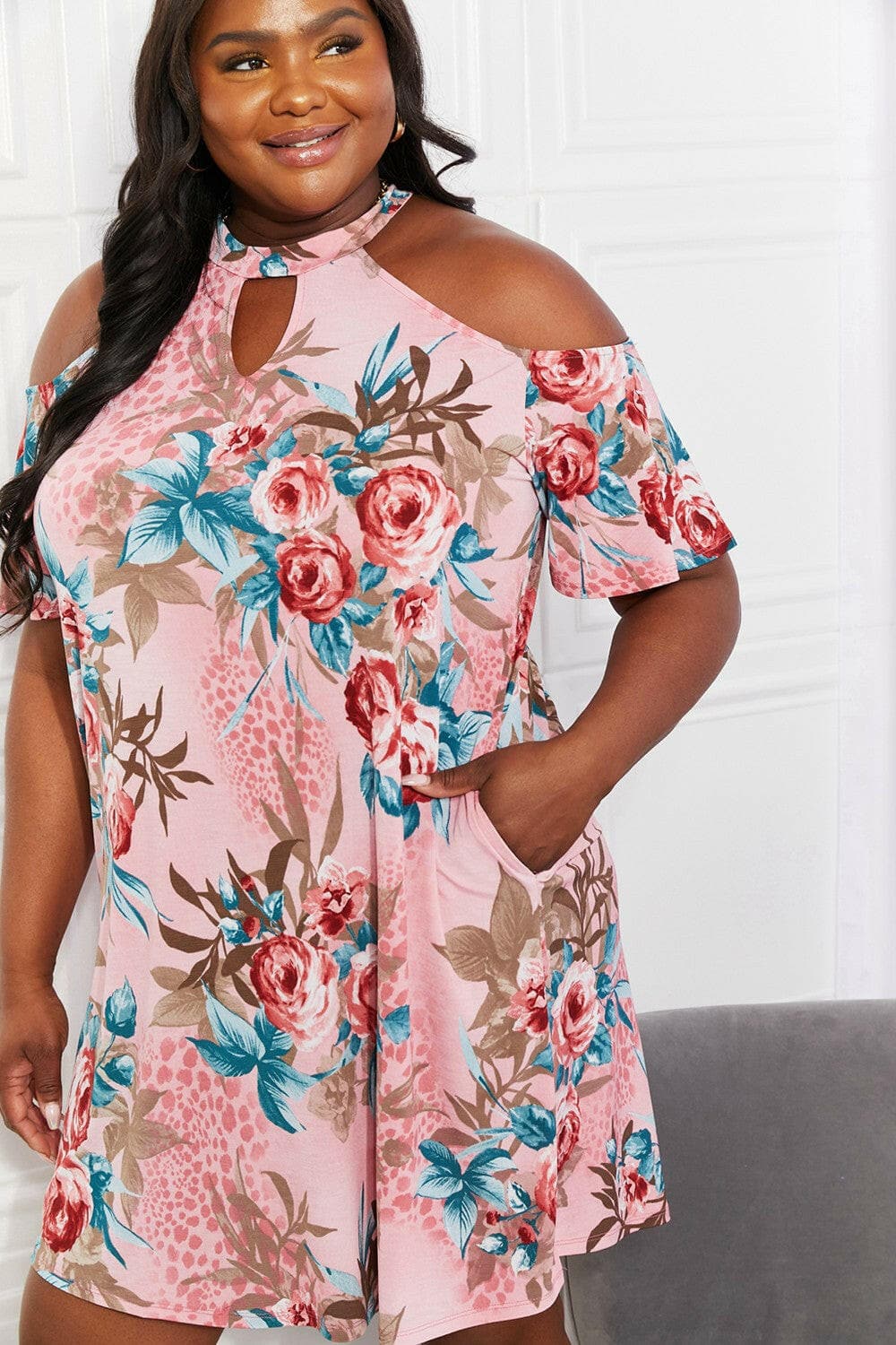 Sew In Love Full Size Fresh-Cut Flowers Cold-Shoulder Dress.