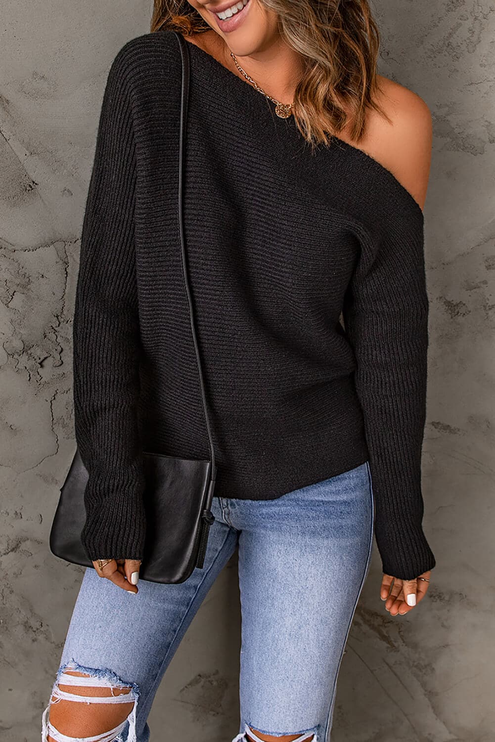 Double Take Horizontal Ribbing One-Shoulder Sweater.