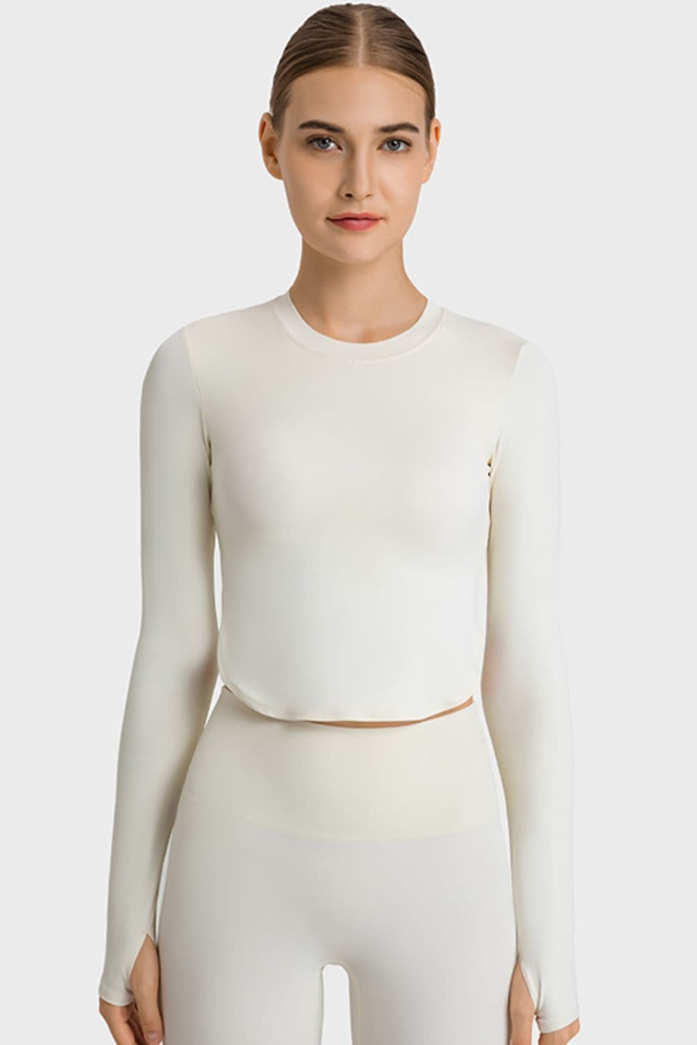 Side Slit Long Sleeve Round Neck Crop Top.