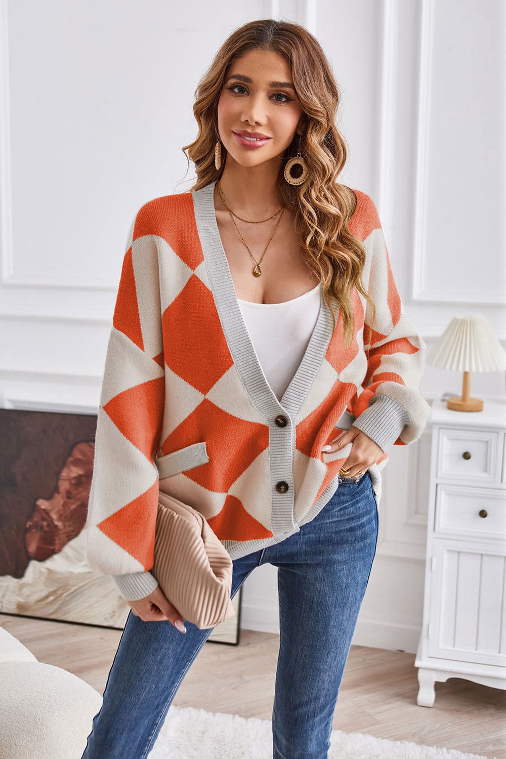 Geometric Lantern Sleeve Cardigan with Pockets.