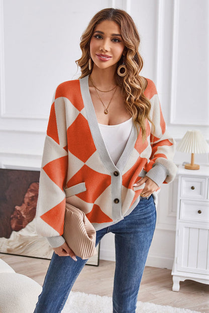 Geometric Lantern Sleeve Cardigan with Pockets.