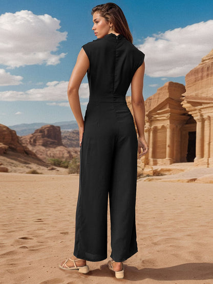 Ruched Mock Neck Sleeveless Jumpsuit.