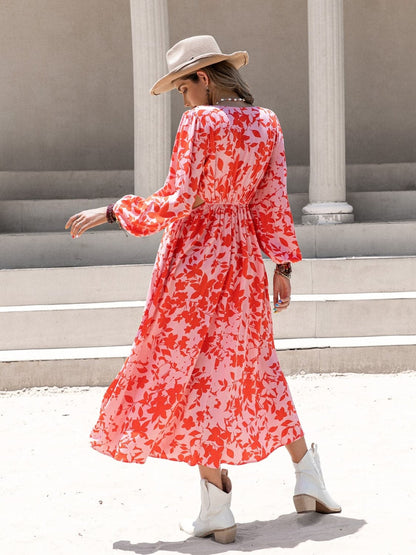 Tied Cutout Printed Long Sleeve Midi Dress.