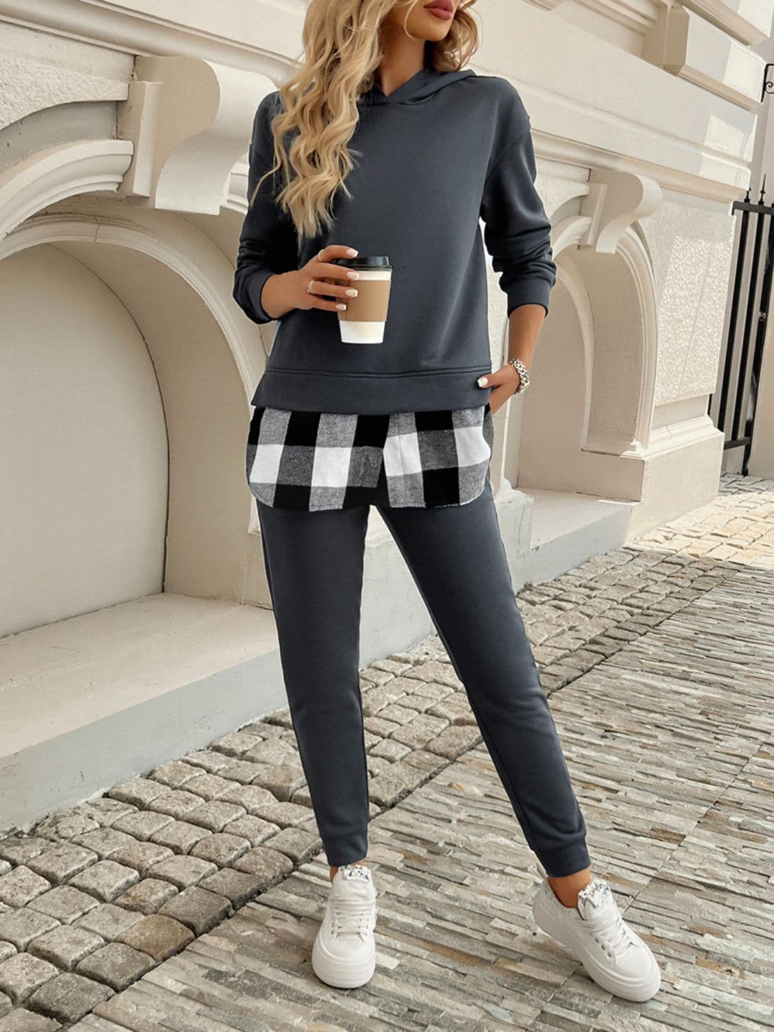 Chic plaid hooded lounge set with long sleeves and matching pants