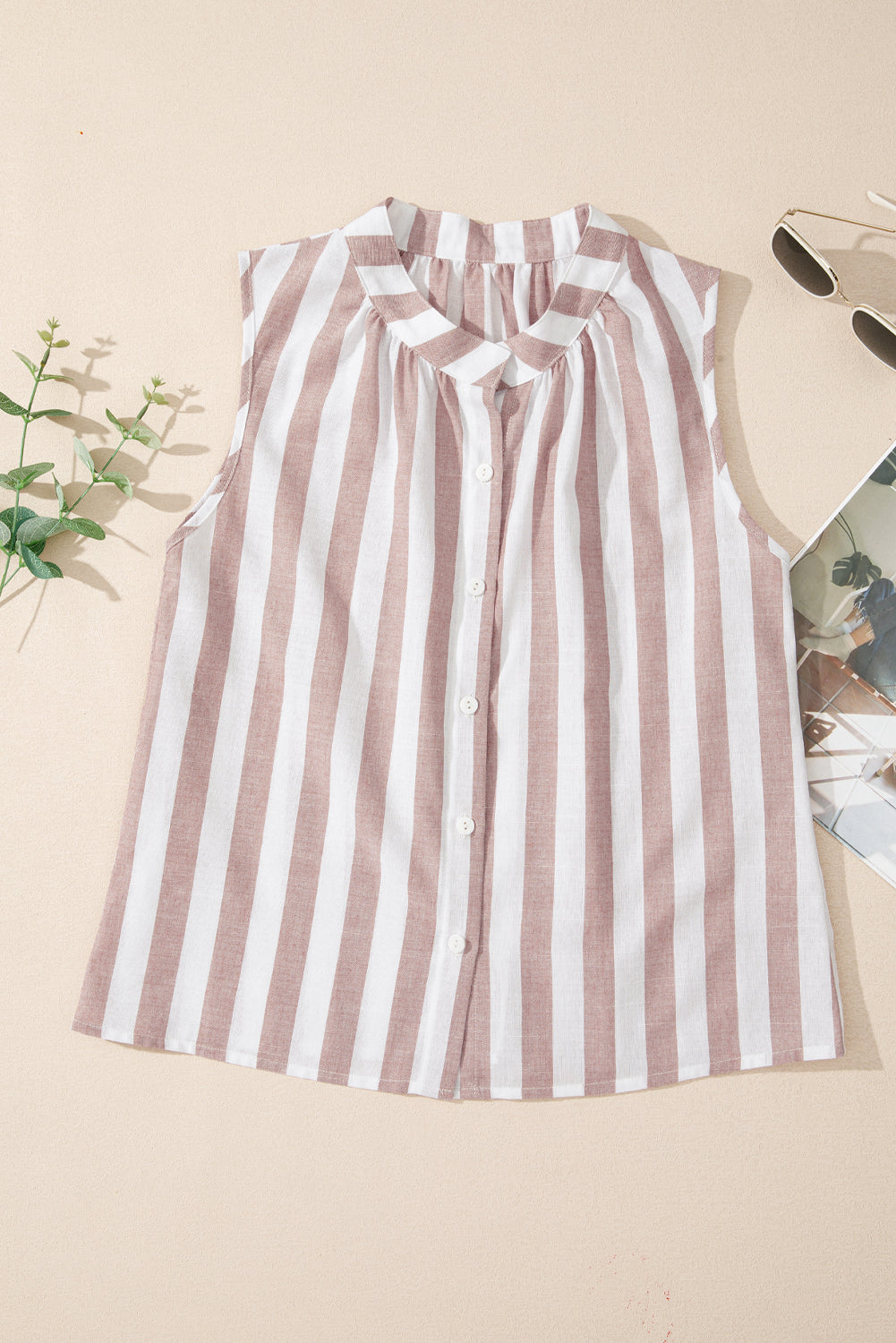 Khaki Stripe Casual Button Down Sleeveless Shirt for Summer