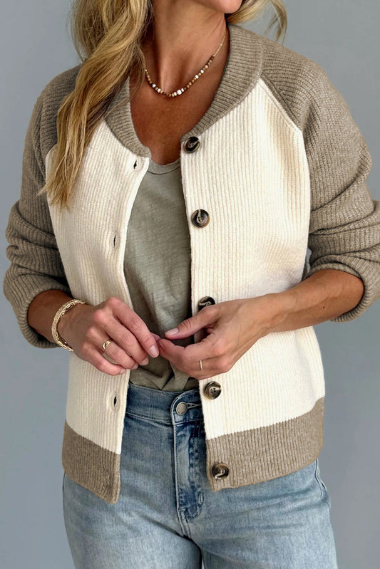 White Color Block Ribbed Knit Button Down Cardigan Sweater For Women Dear-Lover Dropshipping