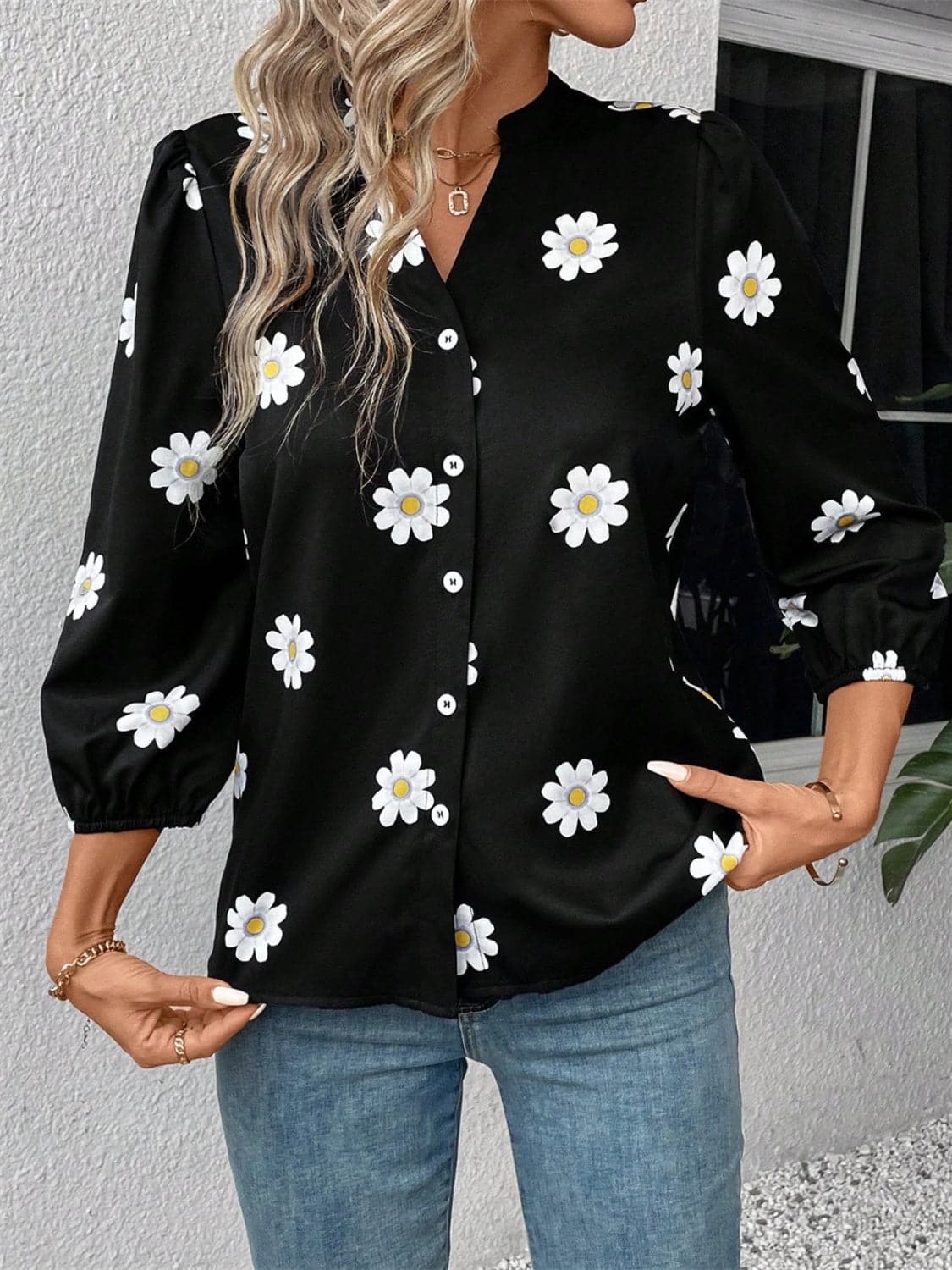 Daisy Notched Three-Quarter Sleeve Shirt.