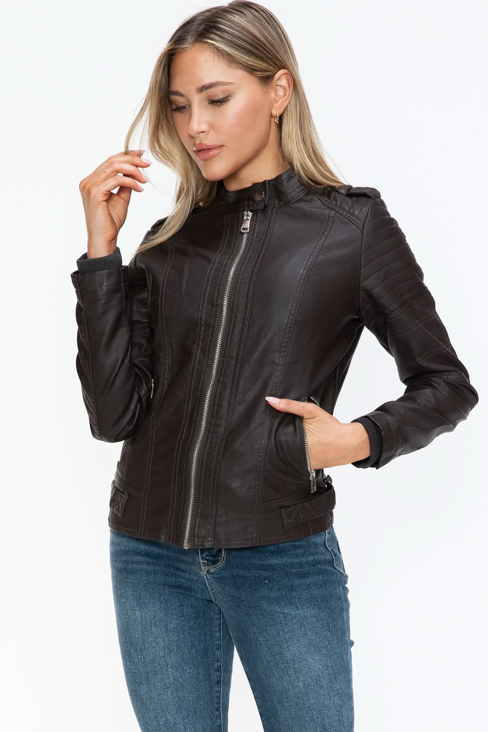 Snobbish PU Leather Biker Jacket with Side Zip Pockets