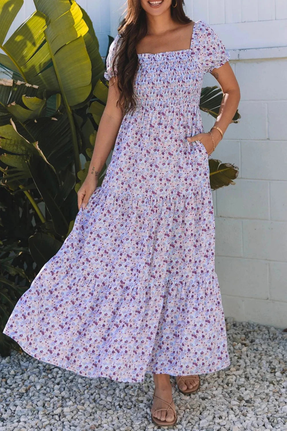 Tiered Floral Shirred High Waist Maxi Dress Simply Love