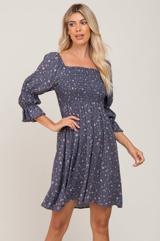 Navy Floral Ruffle Sleeve Smocked Dress PinkBlush