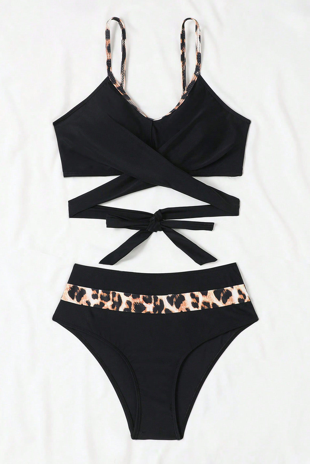 Fierce Black Leopard Criss Cross Tie High Waisted Bikini with Spaghetti Straps