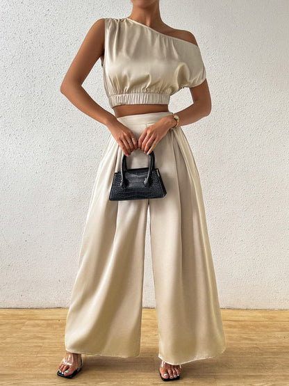 One Shoulder Short Sleeve Top and Wide Leg Pants Set.