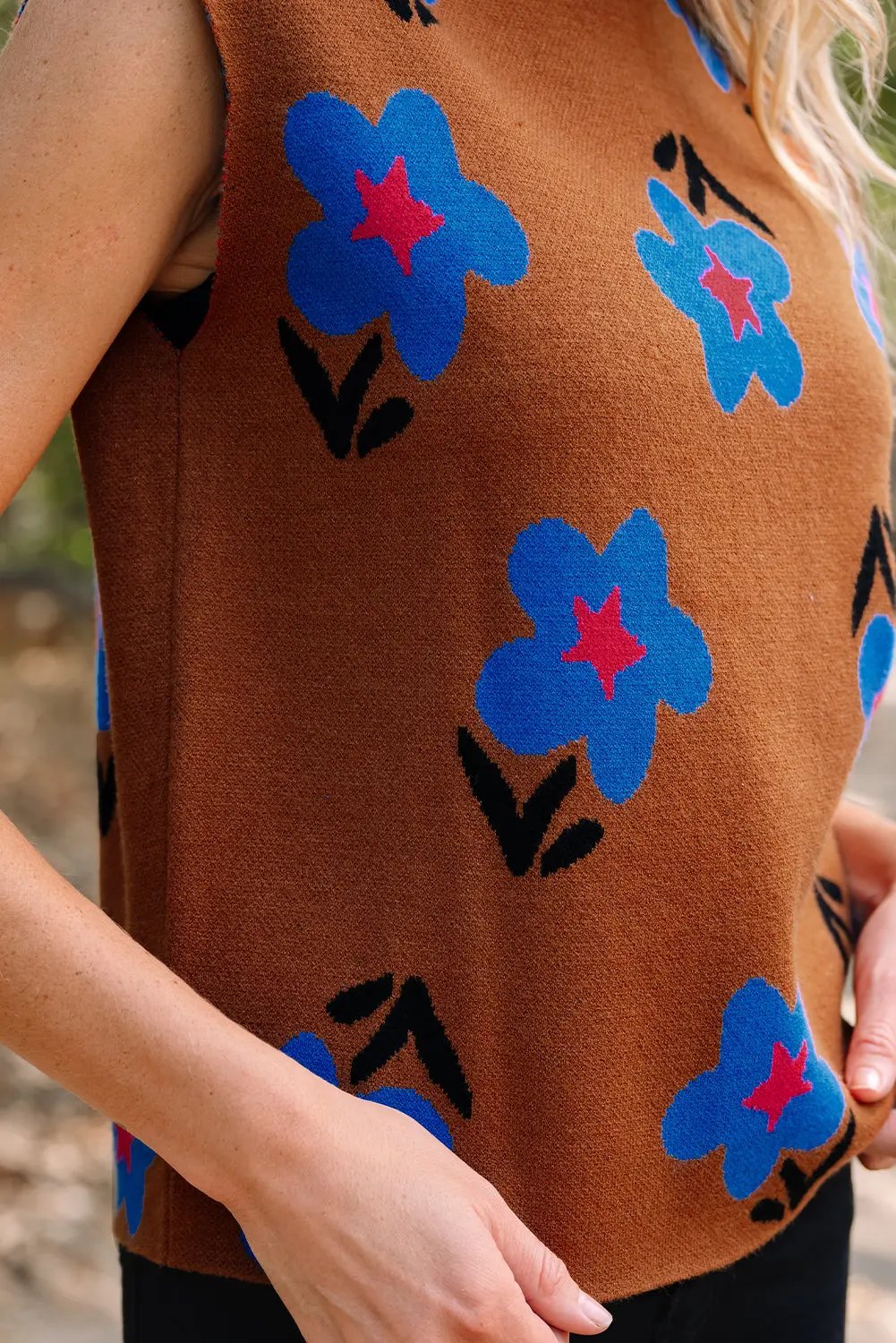 Chestnut Floral High Neck Knit Sweater Vest For Women Dear-Lover Dropshipping