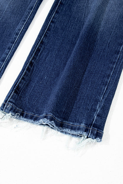 Sail blue raw hem high waist flared jeans with mineral wash finish