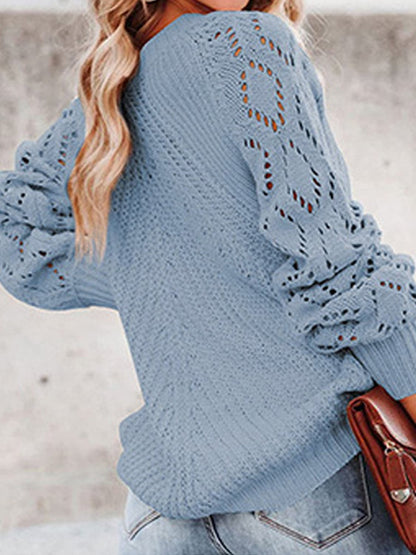 Openwork Round Neck Lantern Sleeve Sweater.