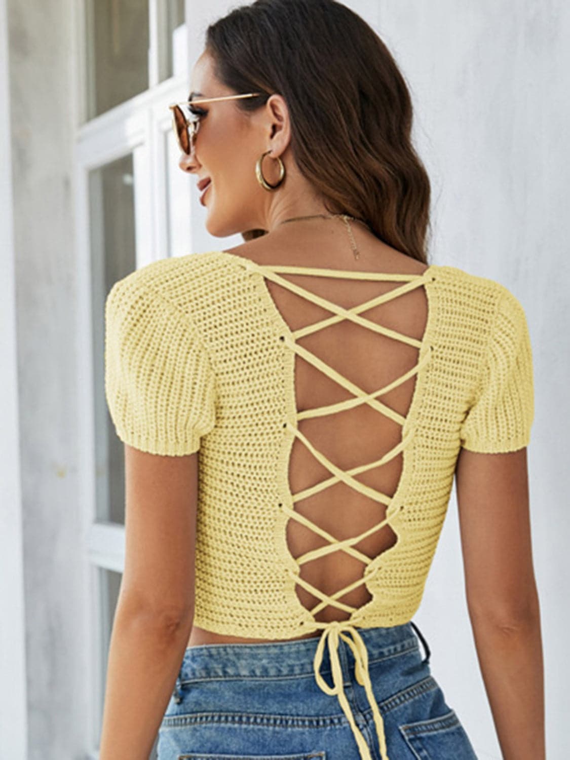 Lace-Up Openwork Square Neck Sweater.