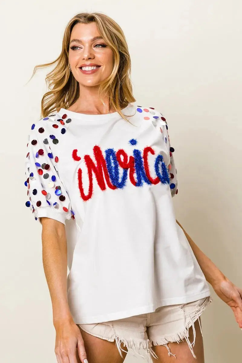 BiBi Metallic Letter Spangle Raglan Puff Sleeve Top - Love Salve 