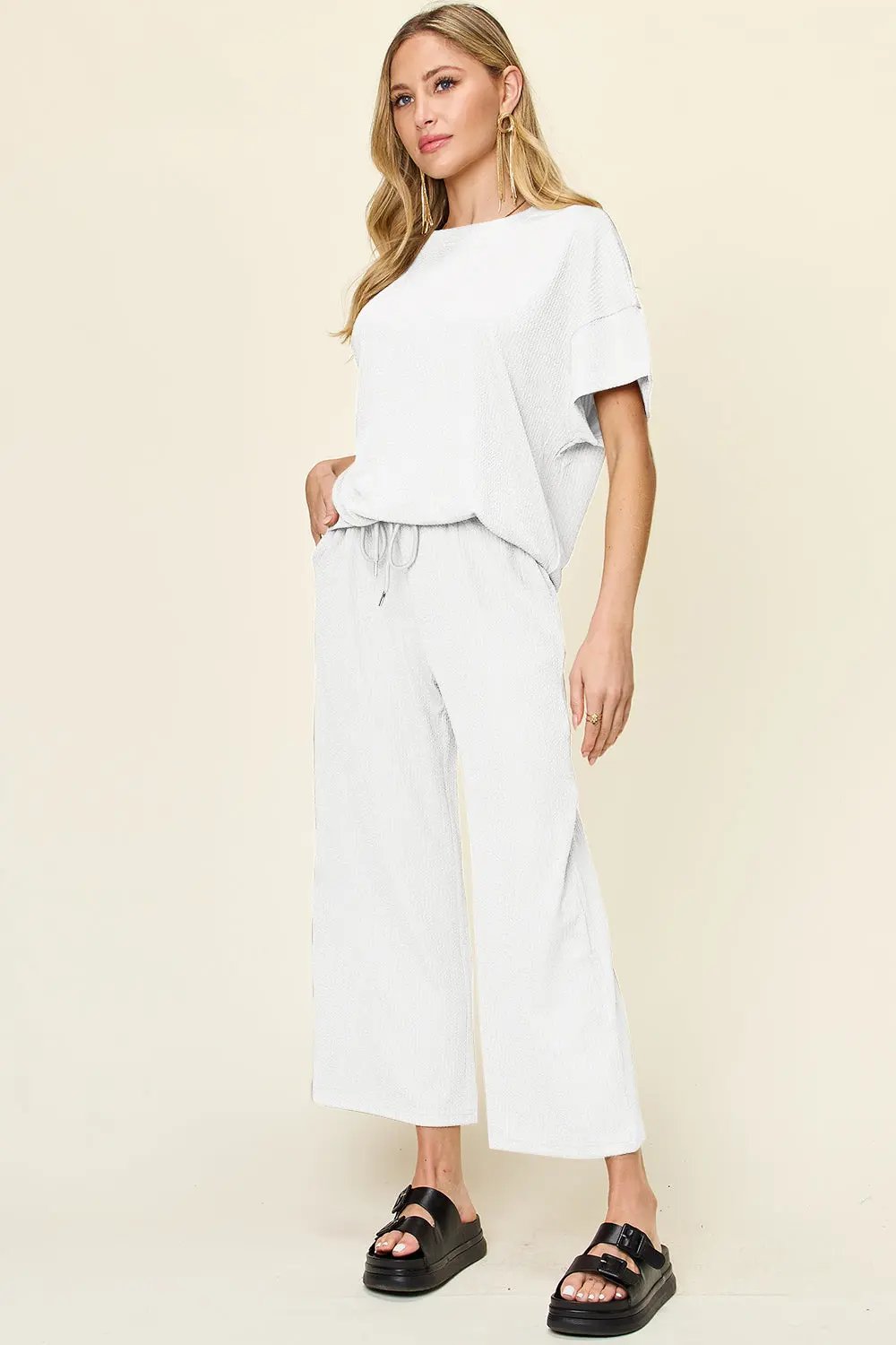 Double Take Full Size Texture Round Neck Short Sleeve T-Shirt and Wide Leg Pants - Love Salve