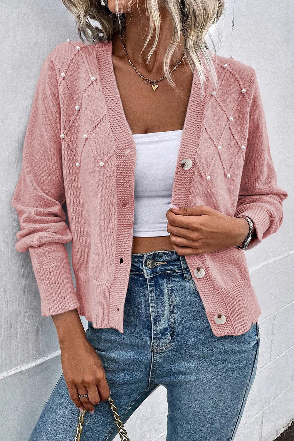 Pearl Trim Button Up Cardigan.