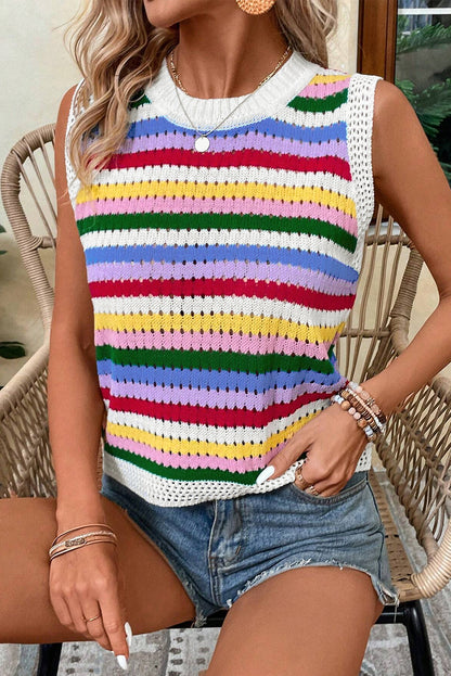 Vibrant striped knitted vest with eyelet detailing