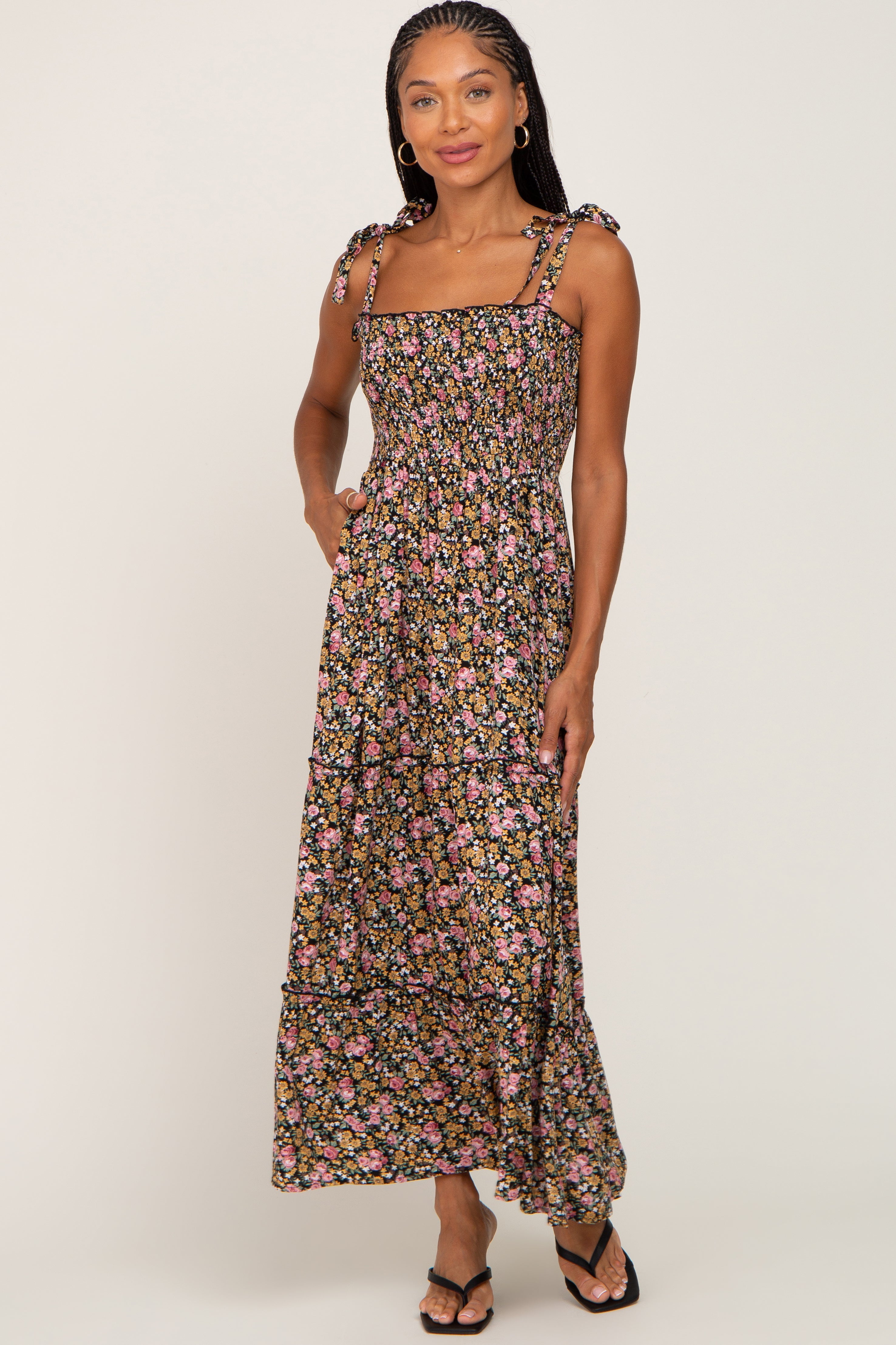 PinkBlush Black Multi-Color Floral Sleeveless Tiered Maxi Dress - Full View