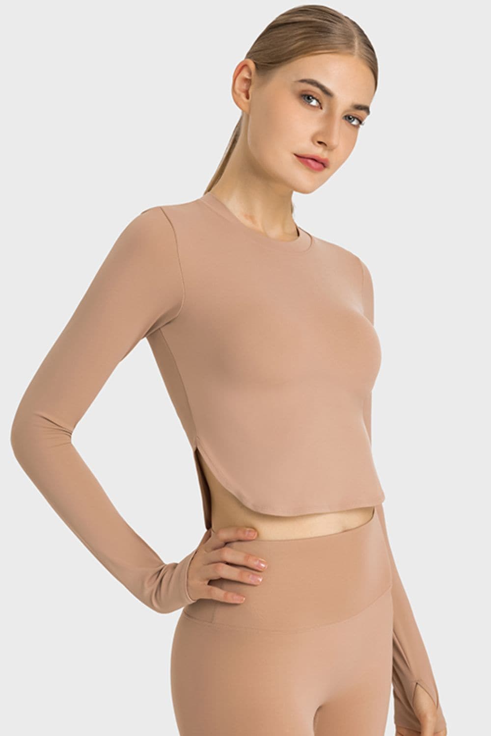 Side Slit Long Sleeve Round Neck Crop Top.