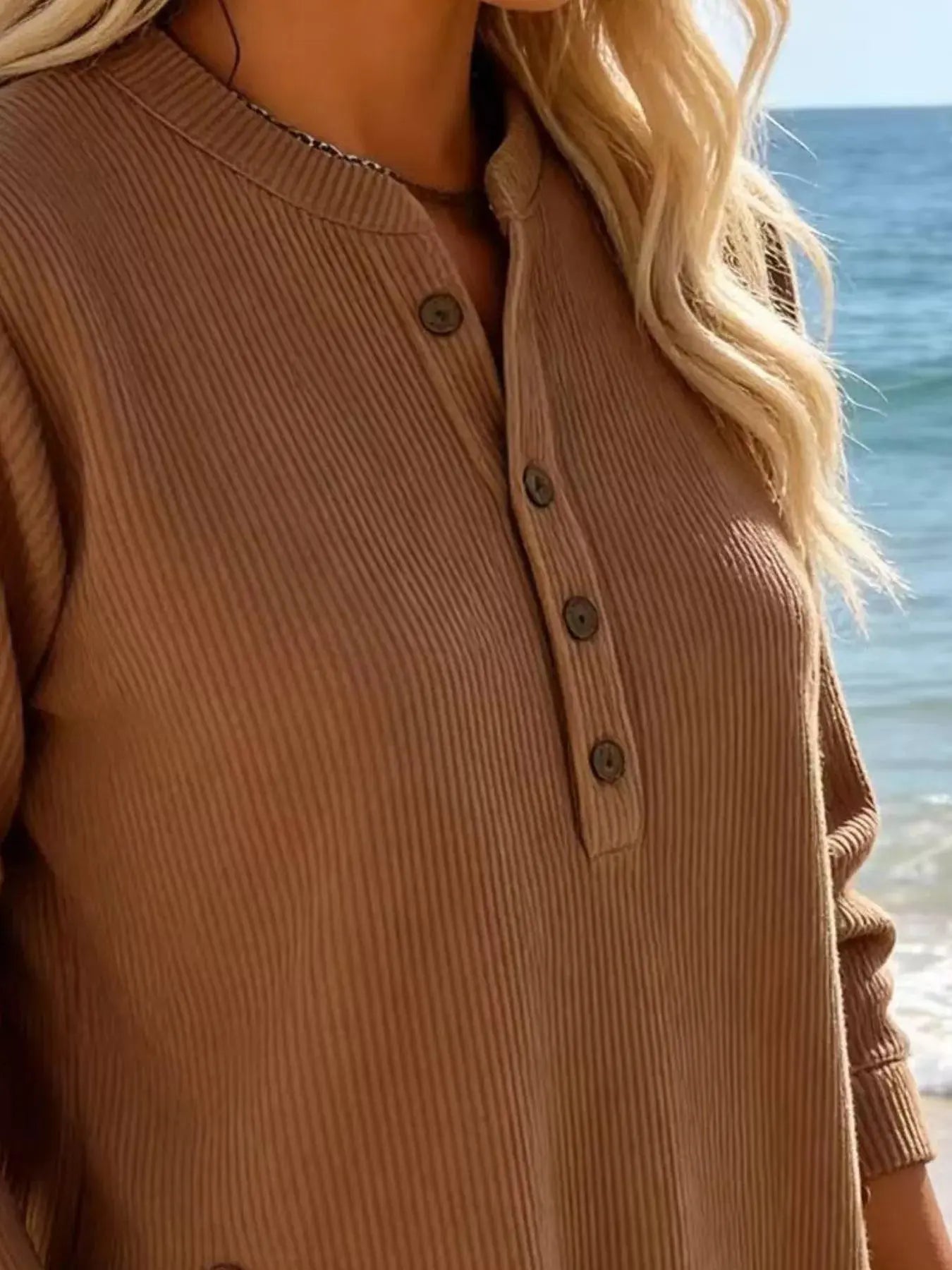 Full Size Ribbed Half Button Henley Top Plus Size Simply Love