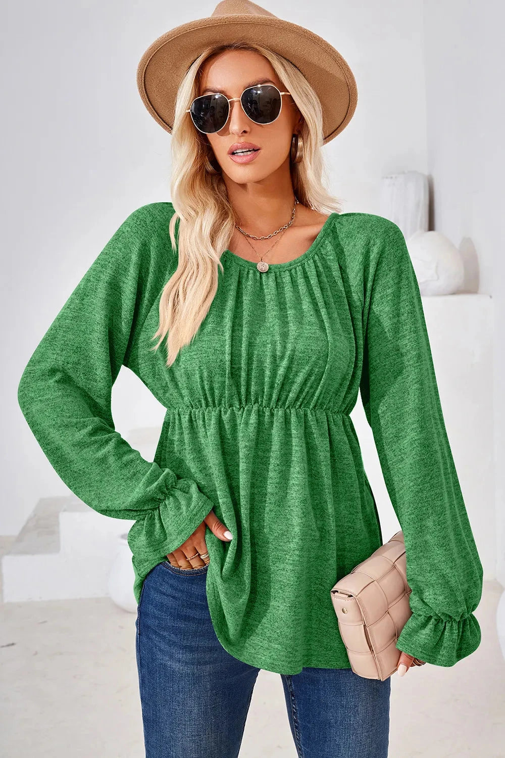 Ruched Round Neck Flounce Sleeve Blouse Coco’s Tee Boutique