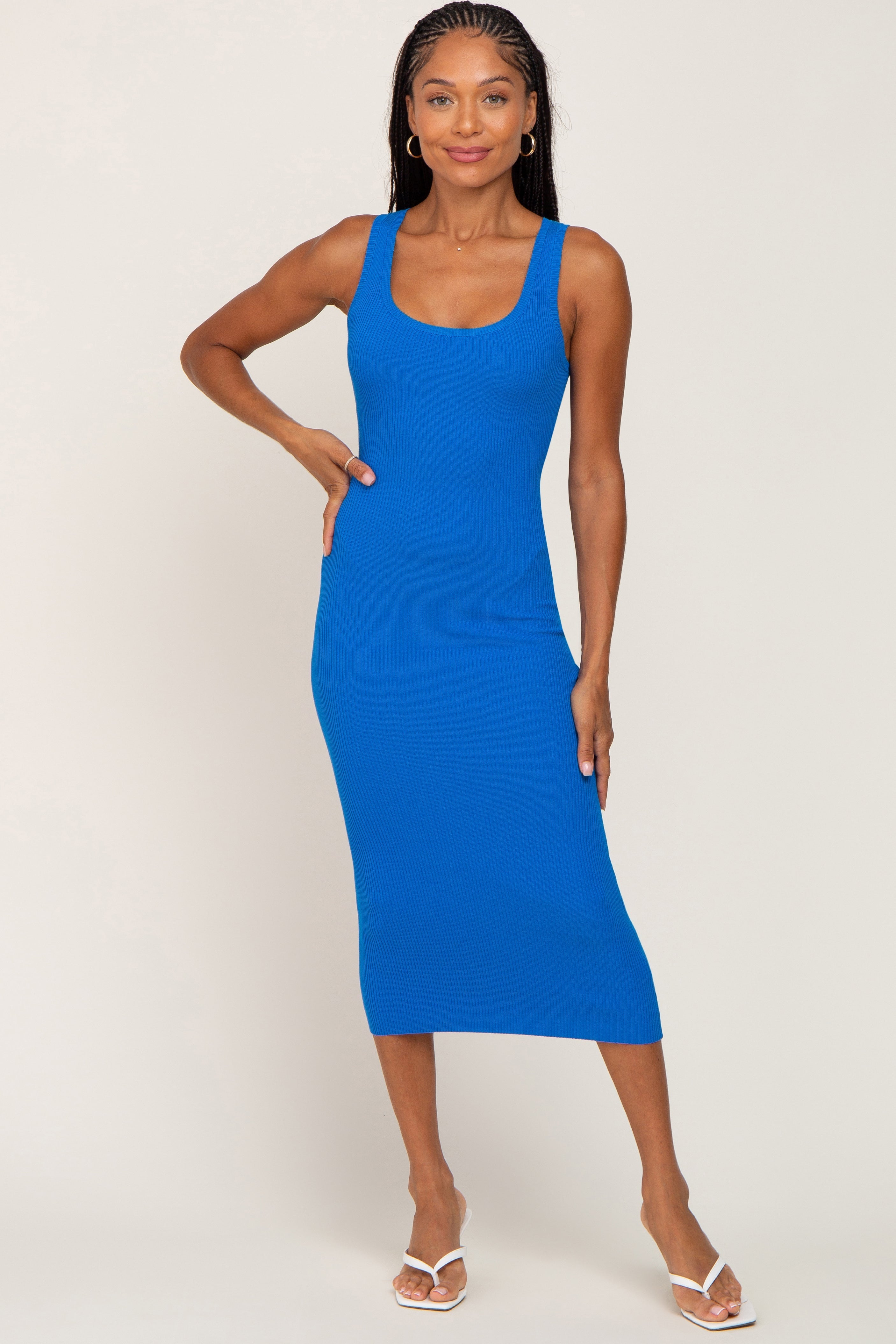 Blue Fitted Knit Maternity Midi Dress PinkBlush