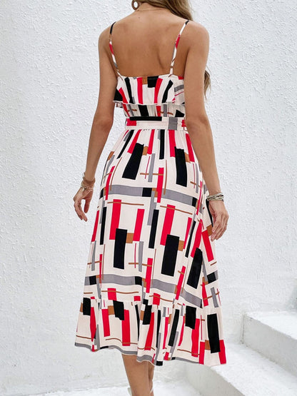 Ruffled Printed Tie Waist Midi Dress.